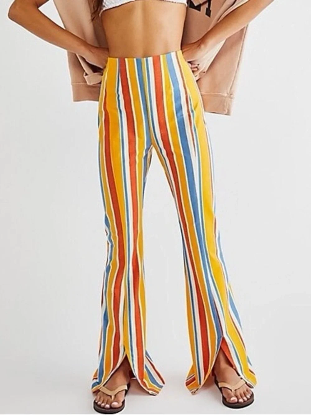FREE PEOPLE • NWT Real deal Striped High-Waist Flare Pants split front Large
